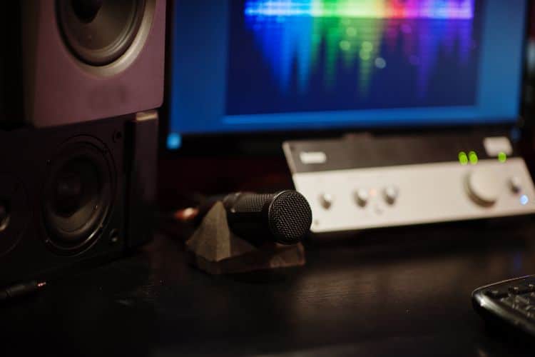 Monitors with microphone in record music studio.