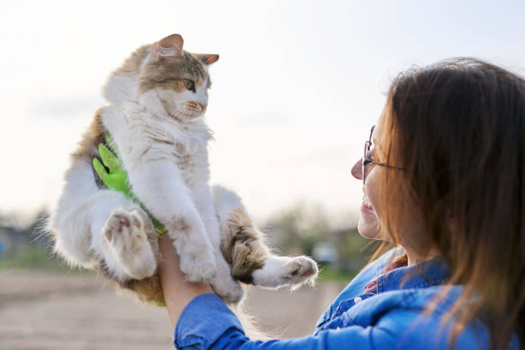 woman holding cat in arms